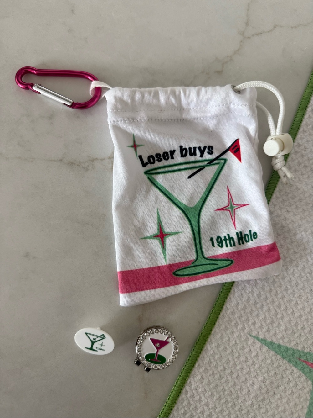19th Hole Martini Golf Towel with Pouch - Green & Pink - Picture 2 of 9